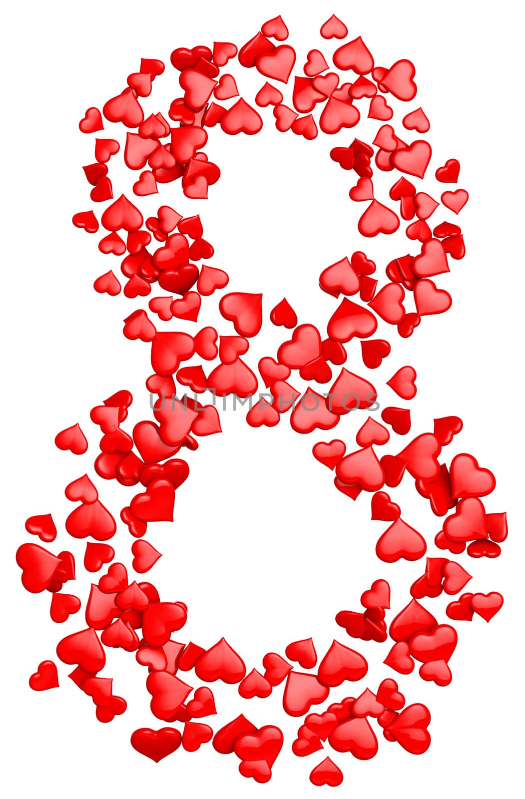 digit eight consisting of red hearts as element of decorations for March 8. International Women's Day
