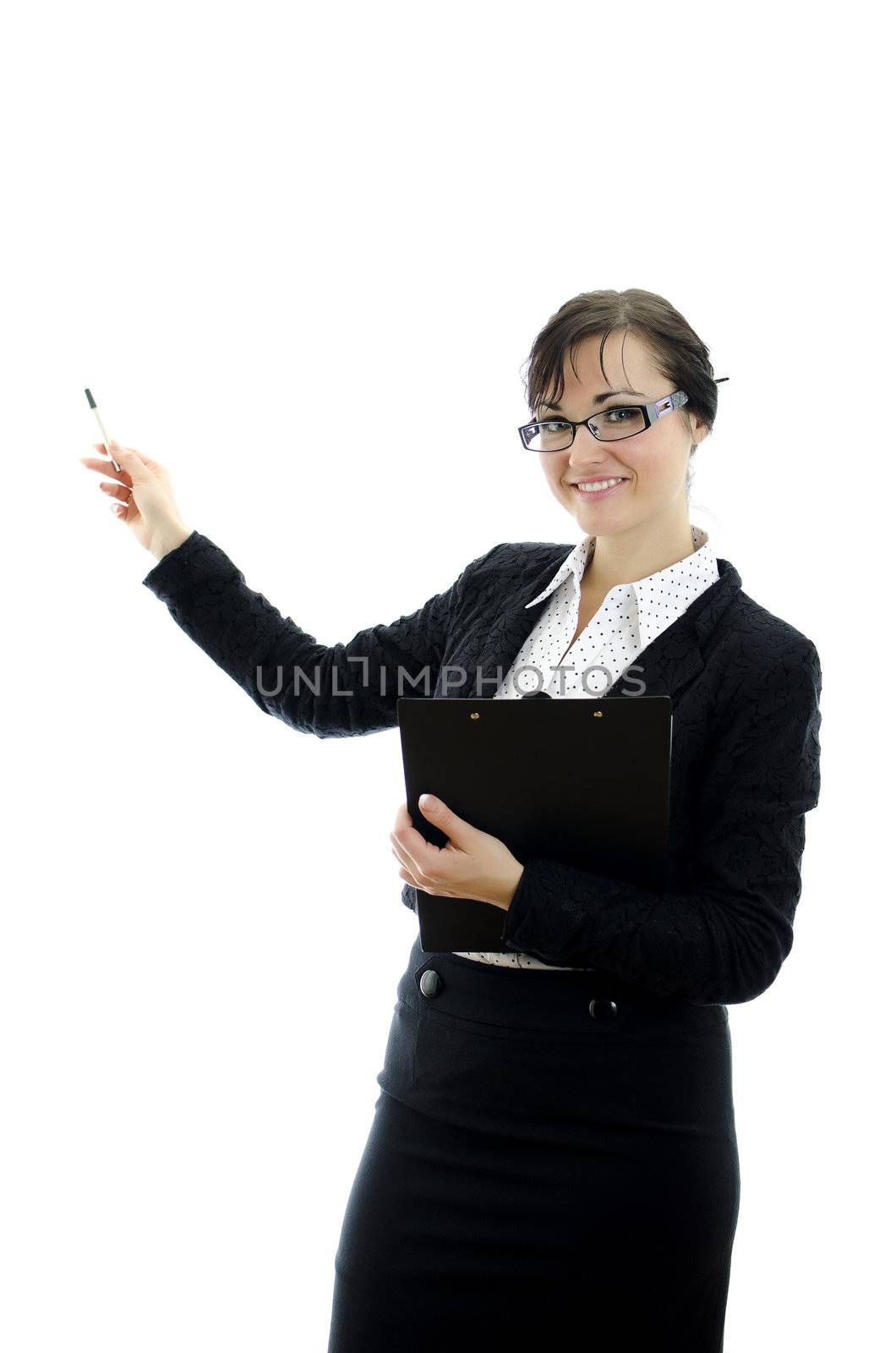 business woman in glasses pointing at copyspace, isolated on white