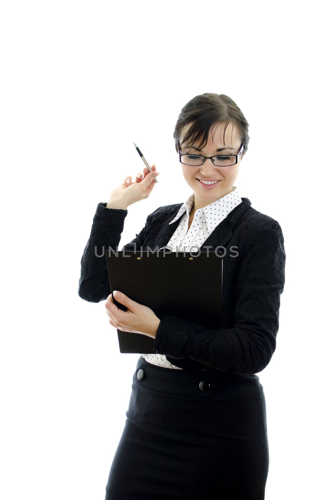 business woman in glasses pointing at copyspace, isolated on white