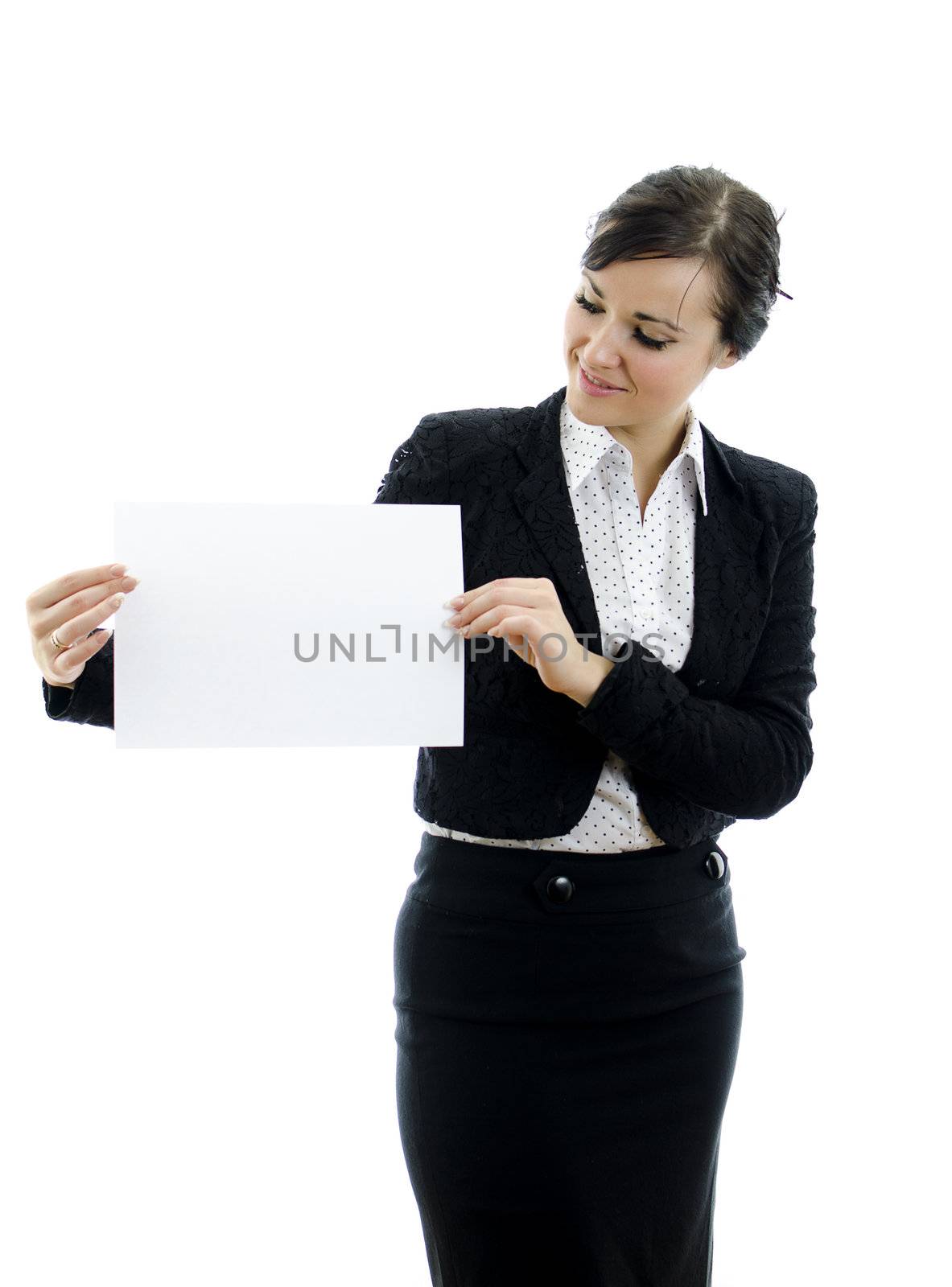 Executive woman with Business card or white sign, isolated on white