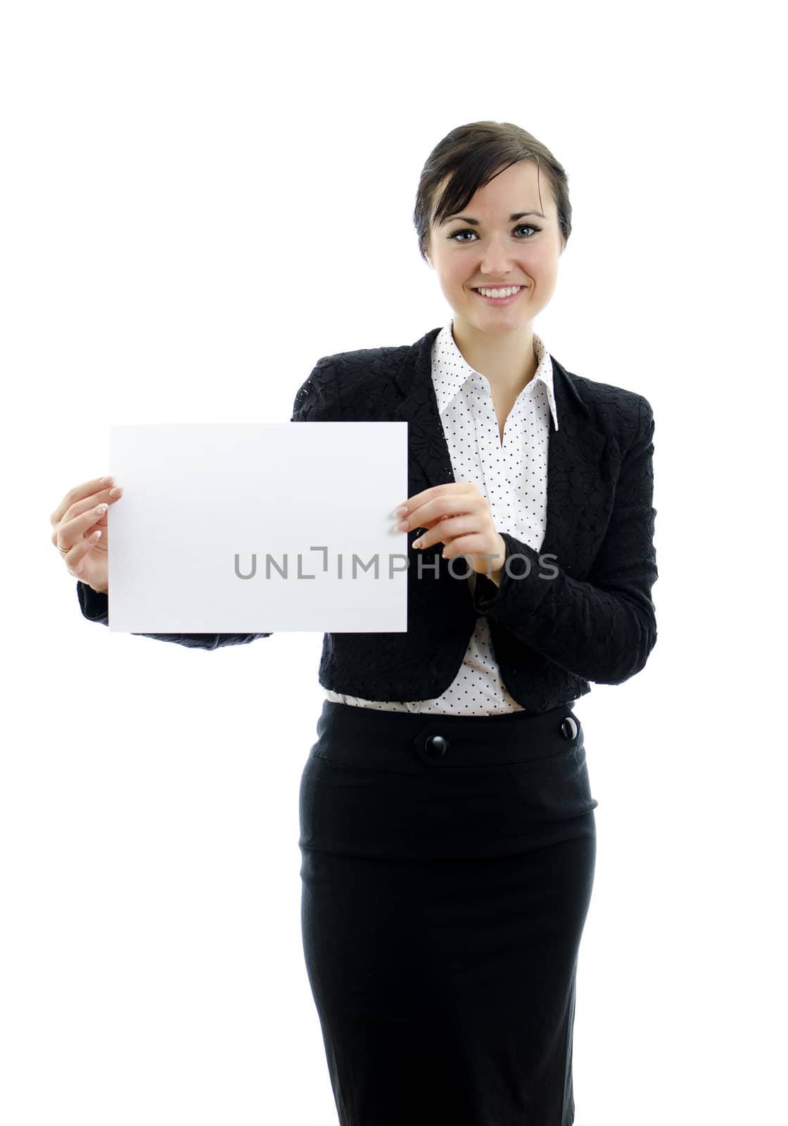 Executive woman with Business card or white sign, isolated on white