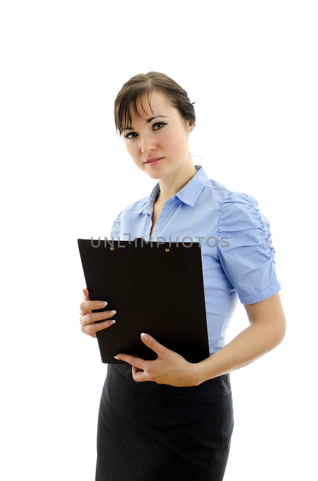 Business woman holding notepad, isolated on white