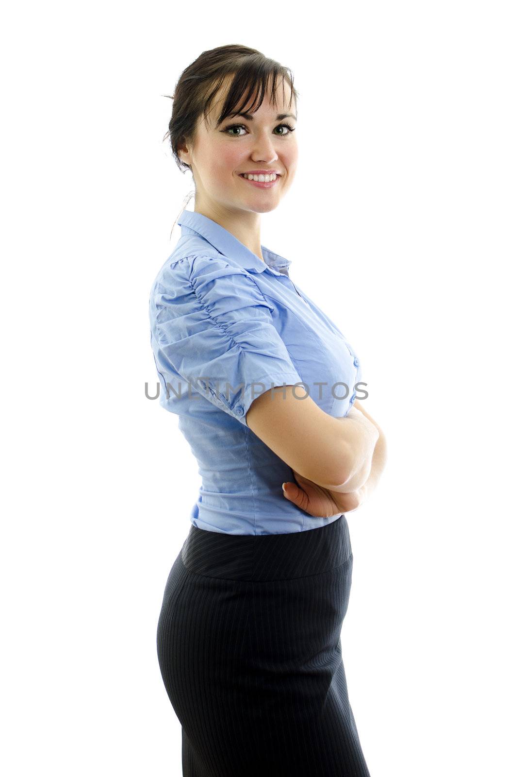 Business woman in blue blouse with crossed arms, isolated on white