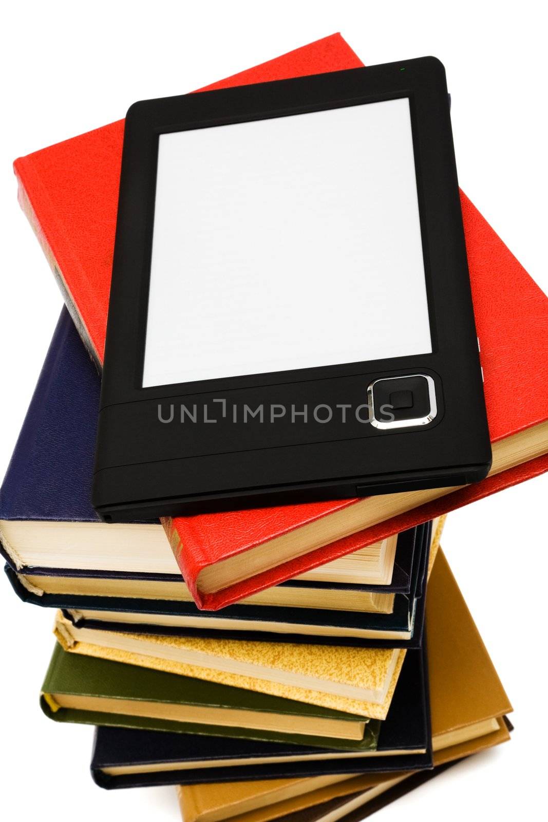 e-book and old books on a white background