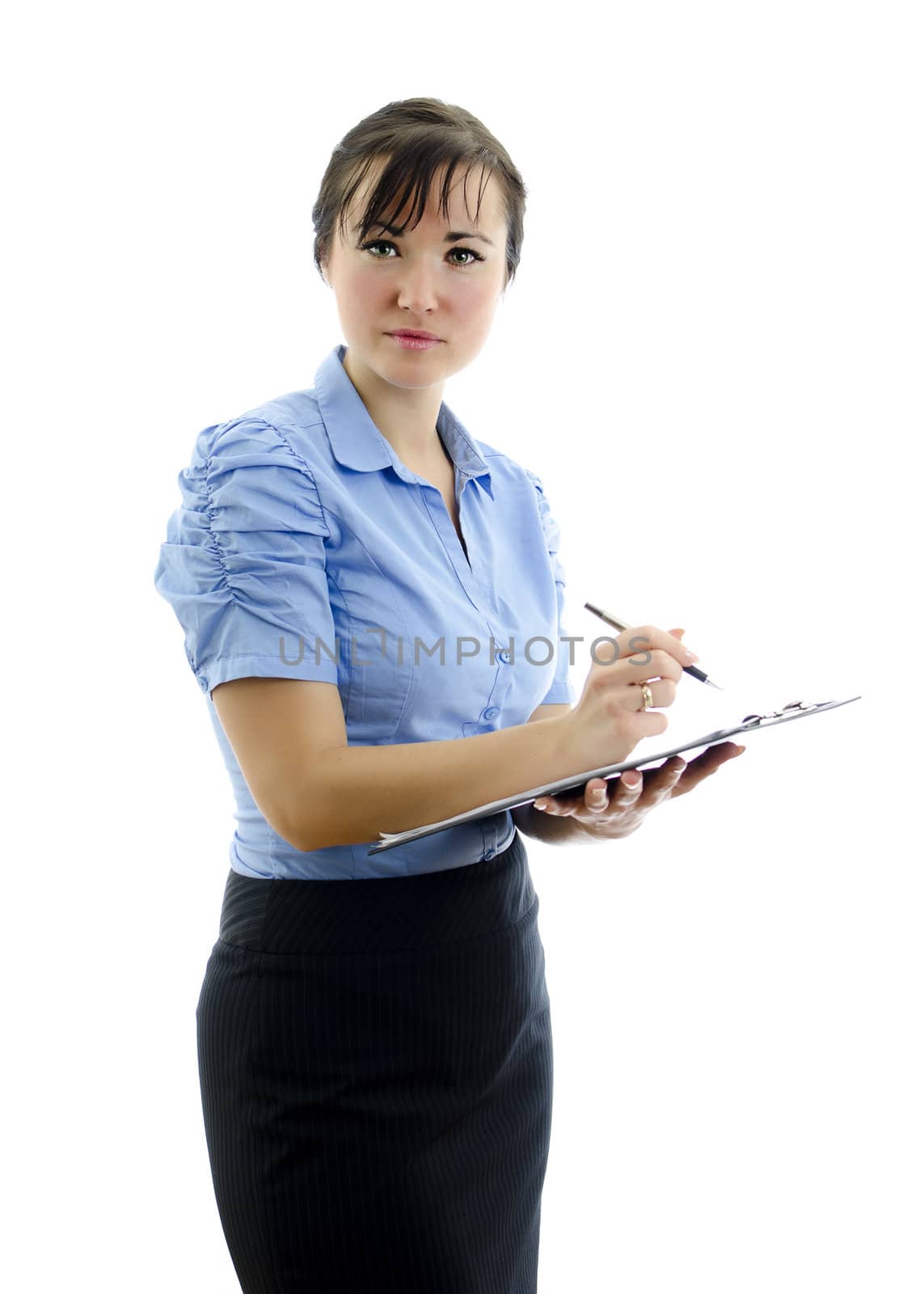 Business woman holding notepad, isolated on white