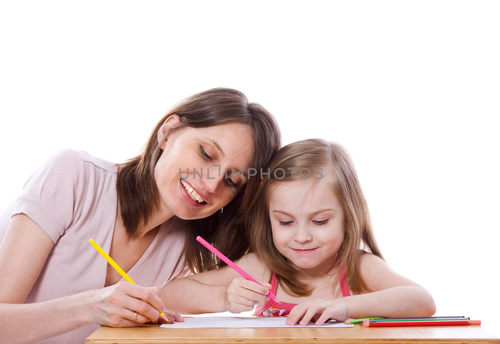 Mother helping daughter to draw isolated on white