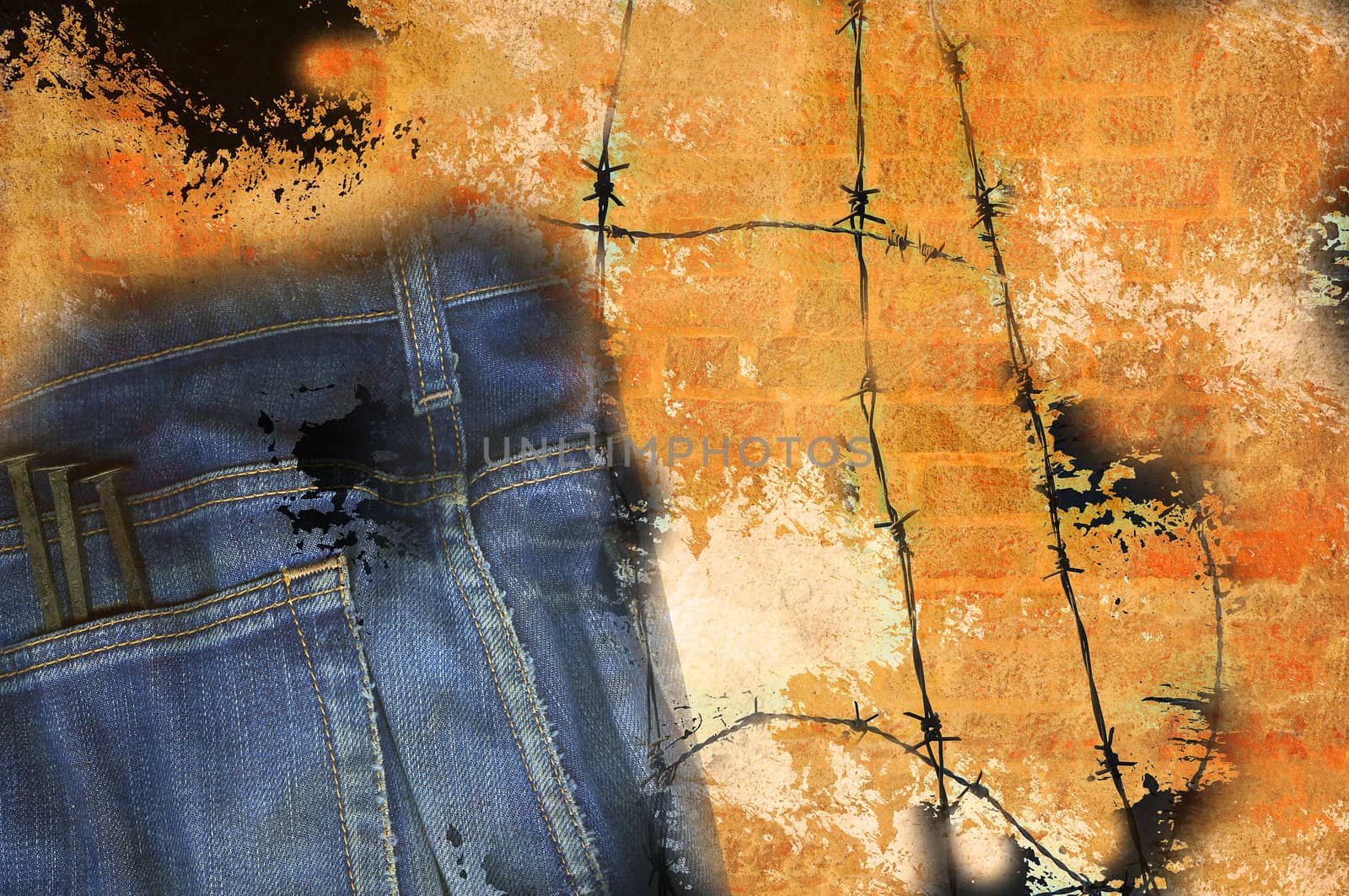 Grungy montage brick wall with jeans pocket, nails, barbed wire and paint.