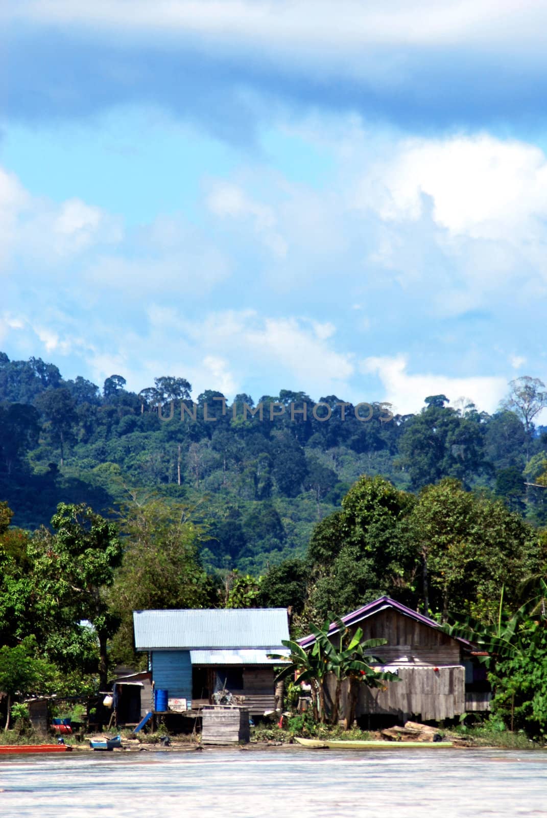 view of a village on the banks of the river Malinau, Indonesia