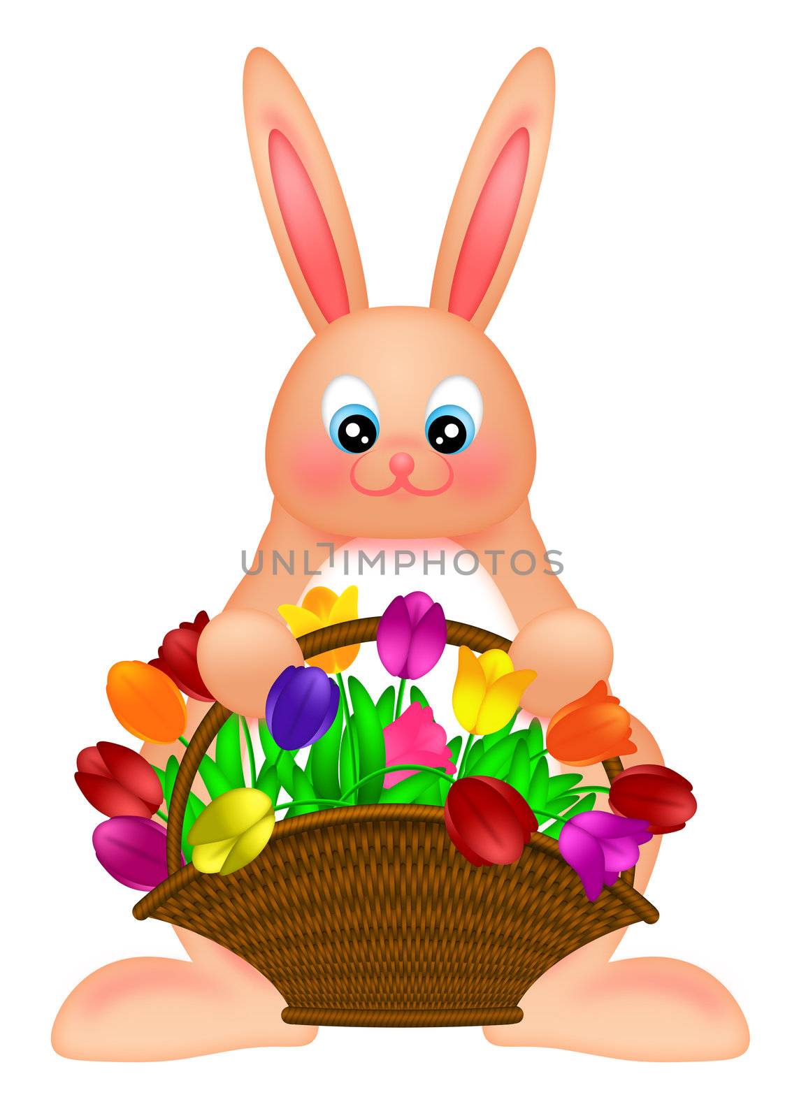Happy Easter Bunny Rabbit Holding a Basket of Colorful Tulips Flowers Illustration Isolated on White Background
