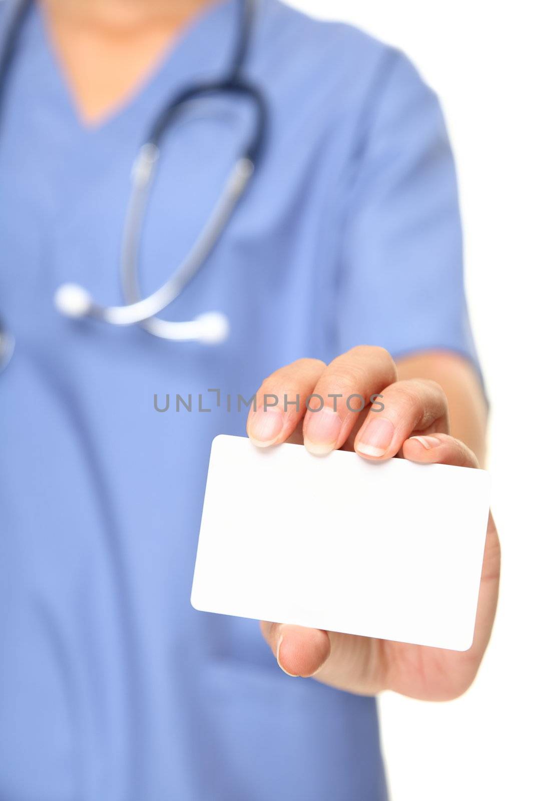 Nurse business card sign closeup. Female doctor or nurse holding and showing blank empty business card on white background.