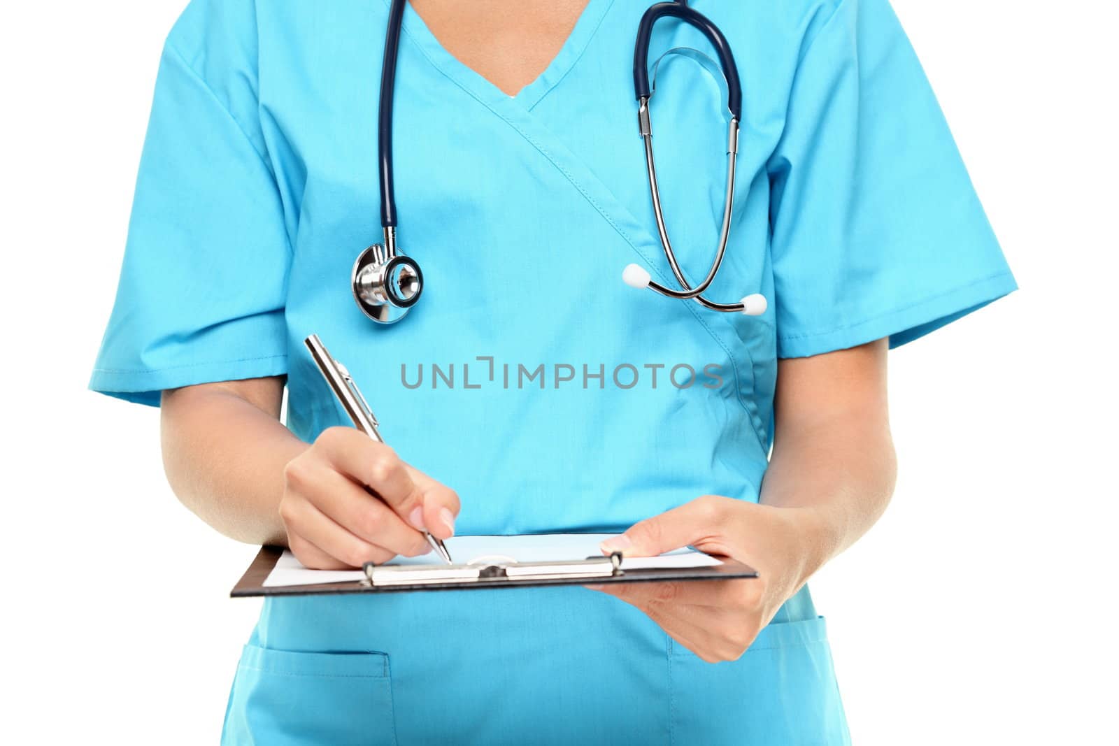 Medical professional. Closeup of nurse or doctor writing on clipboard isolated on white background.