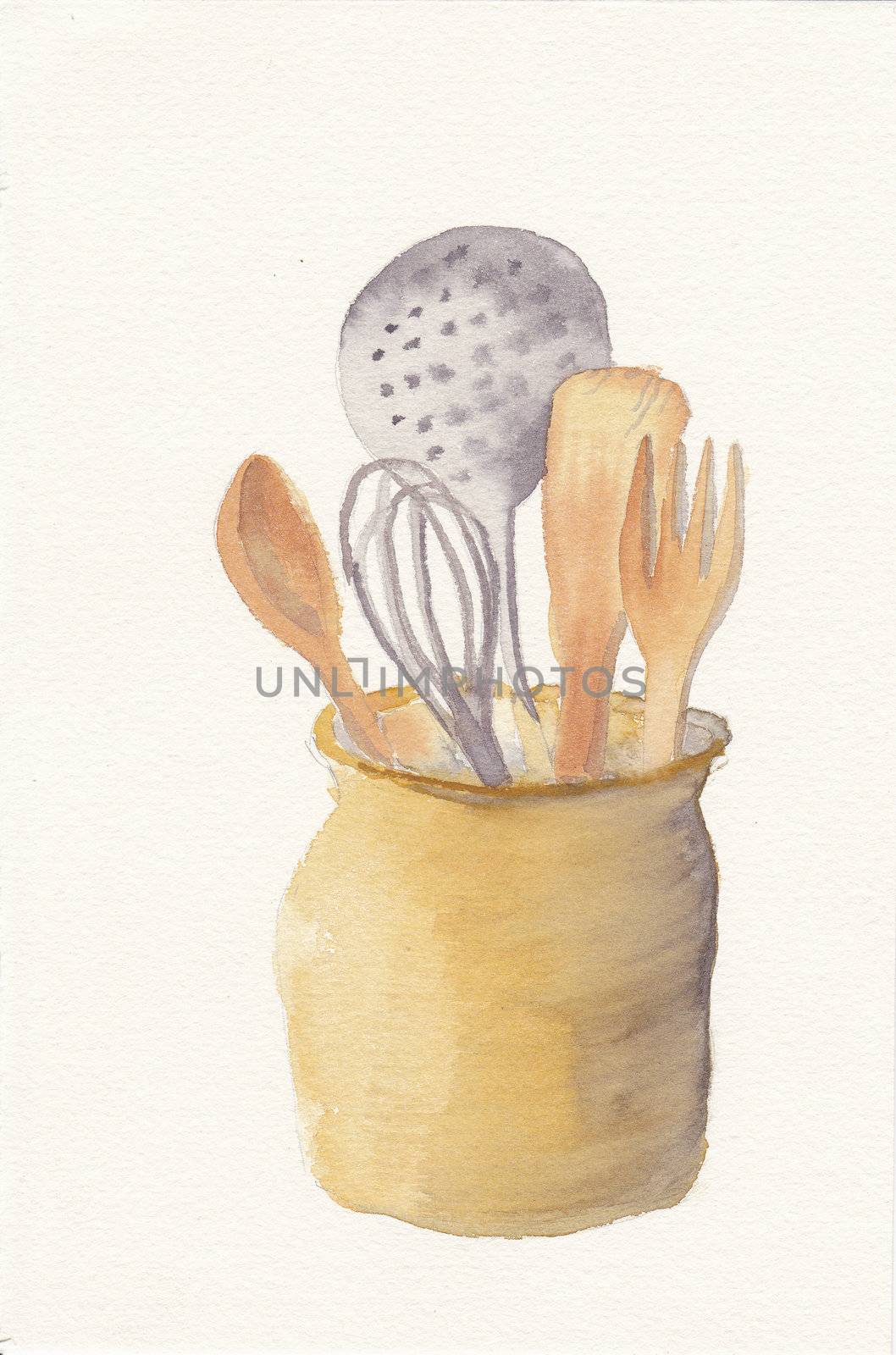 hand painted watercolor of kitchein spoons in pot by paddythegolfer