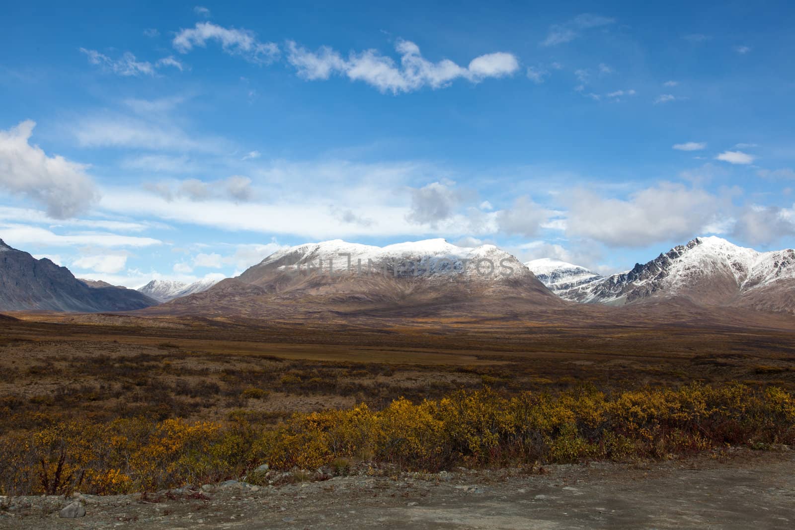 Wilderness of Alaska tundra in late fall with snow on mountains