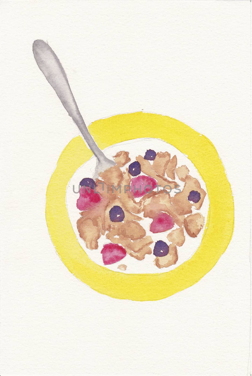 hand painted watercolor of bowl of cereal by paddythegolfer