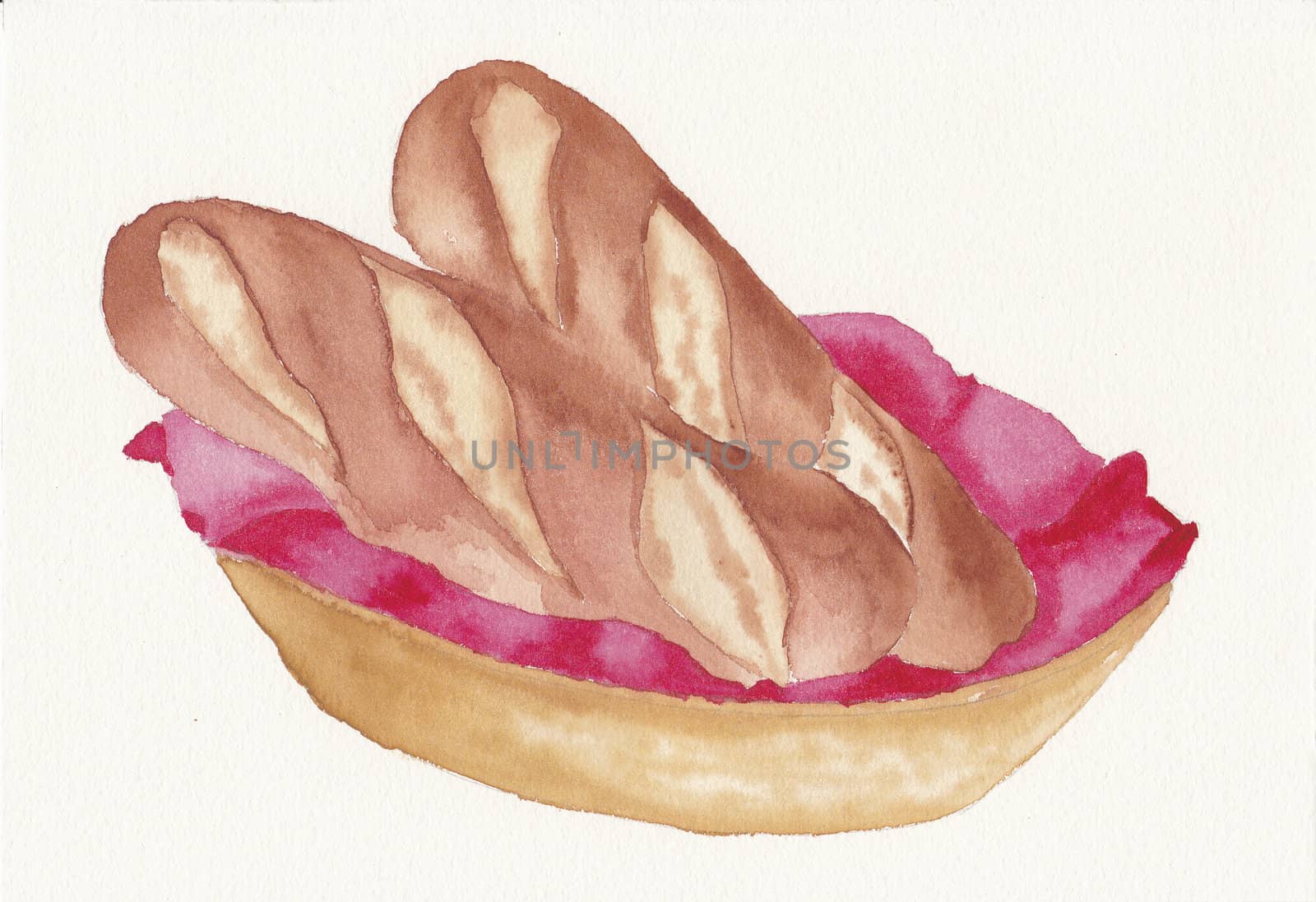 hand painted watercolor of fresh bread in basket by paddythegolfer