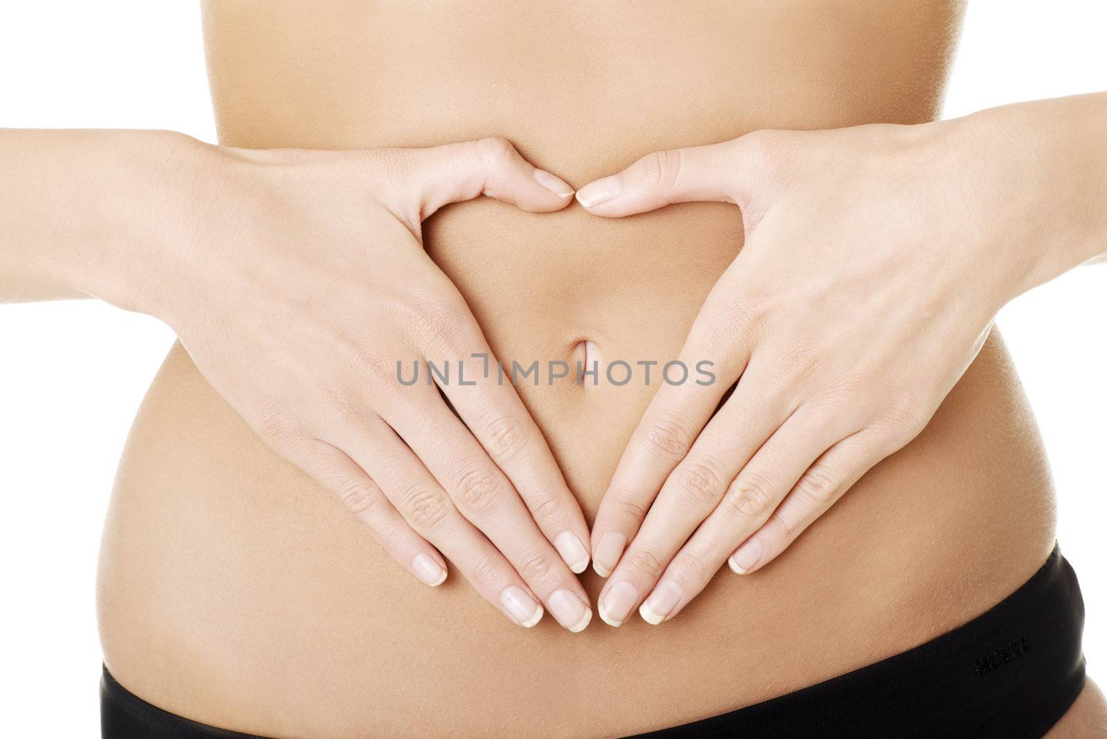 Hand on belly isolated on white background