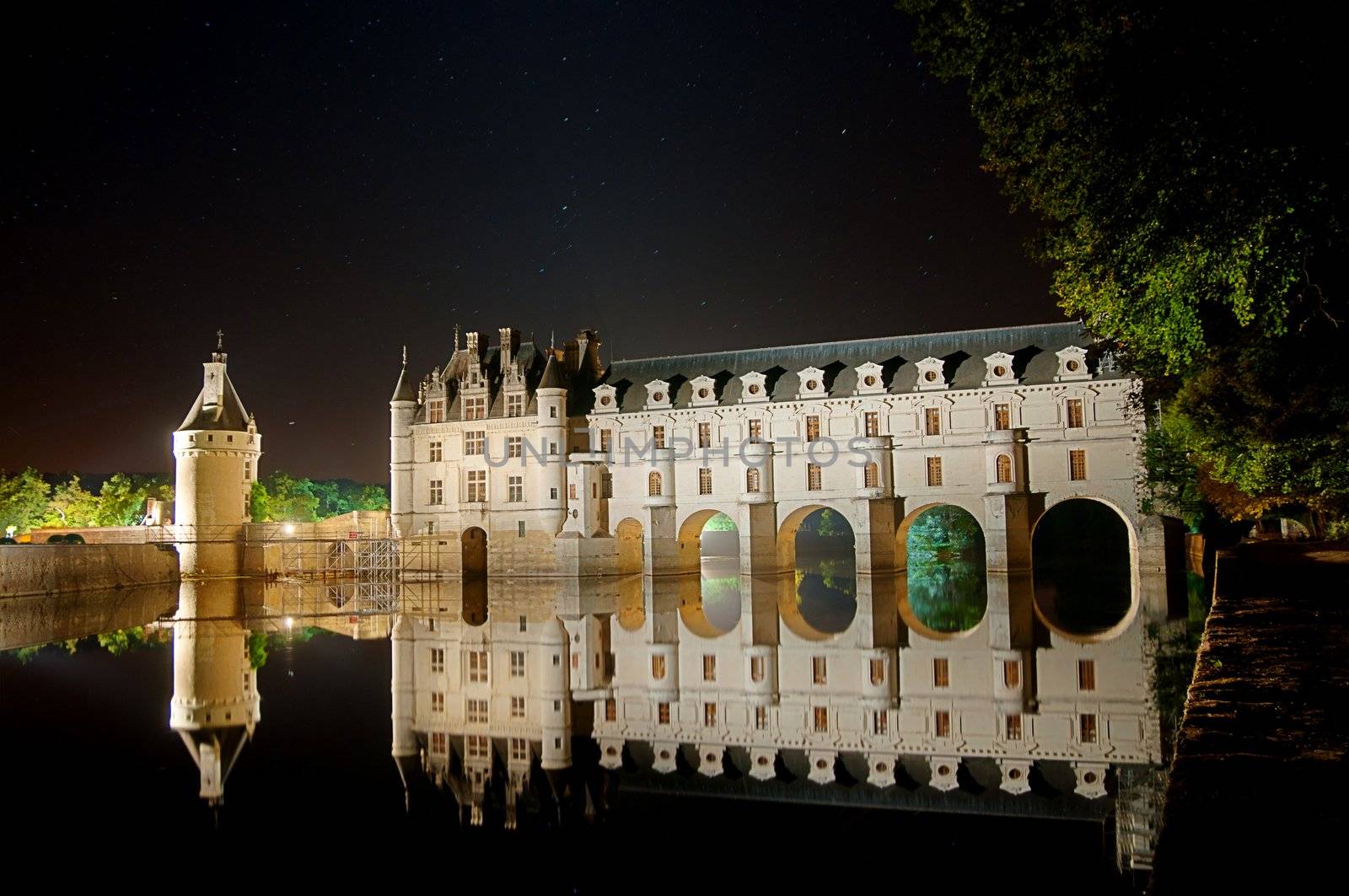 The romantic Chenonceau castle by night. France