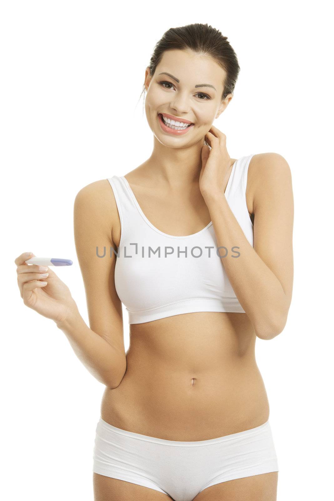 Pregnancy test - happy surprised woman .Isolated on white background.