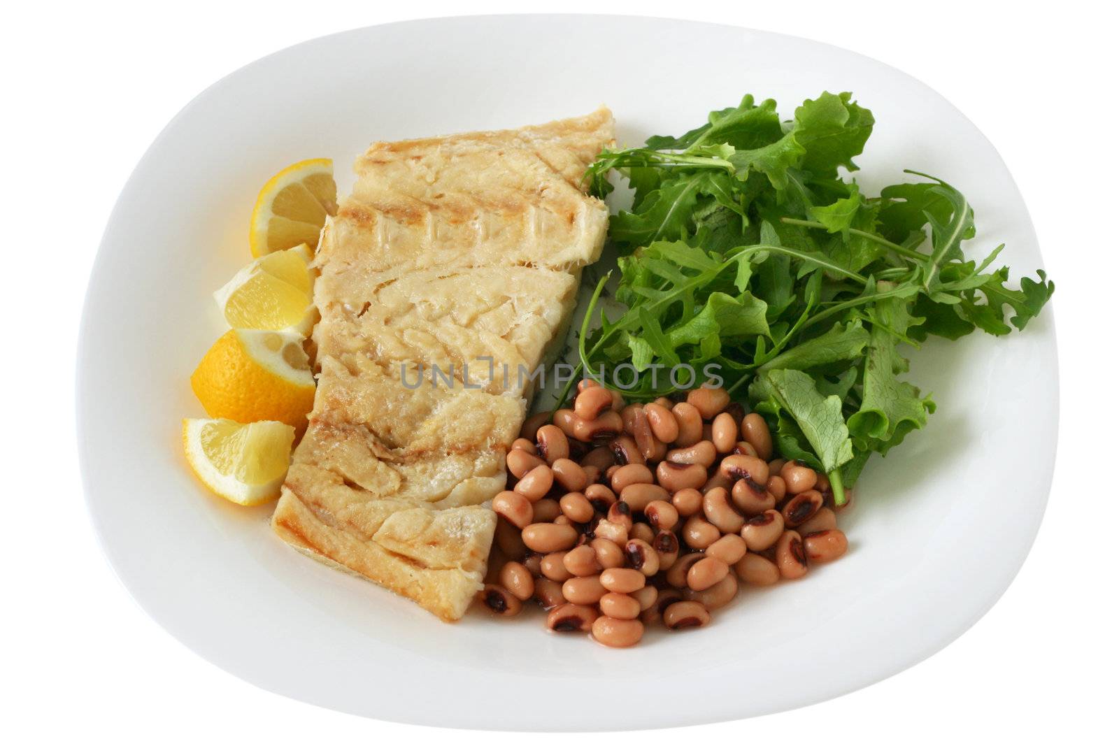 boiled codfish with beans and salad