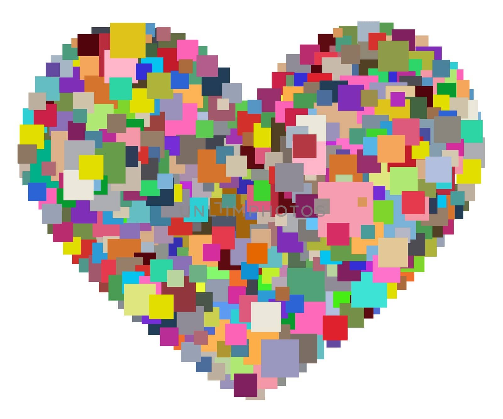 Illustration of a heart shape made of multicoloured squares