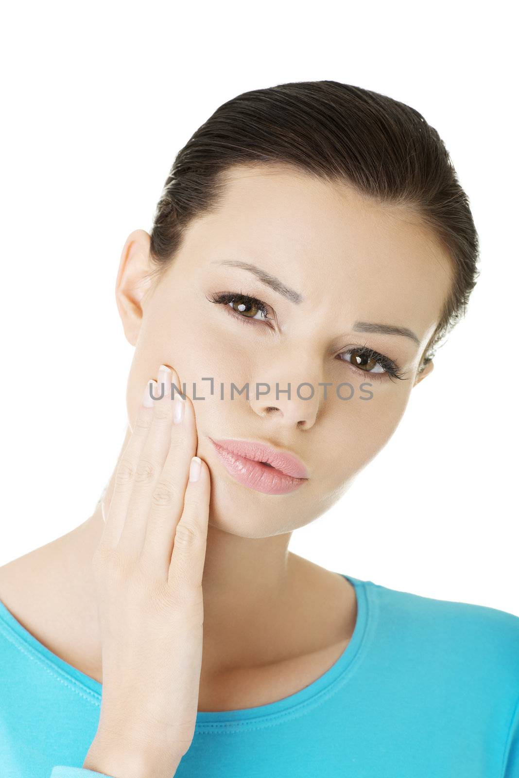 Woman with toothache , isolated on white