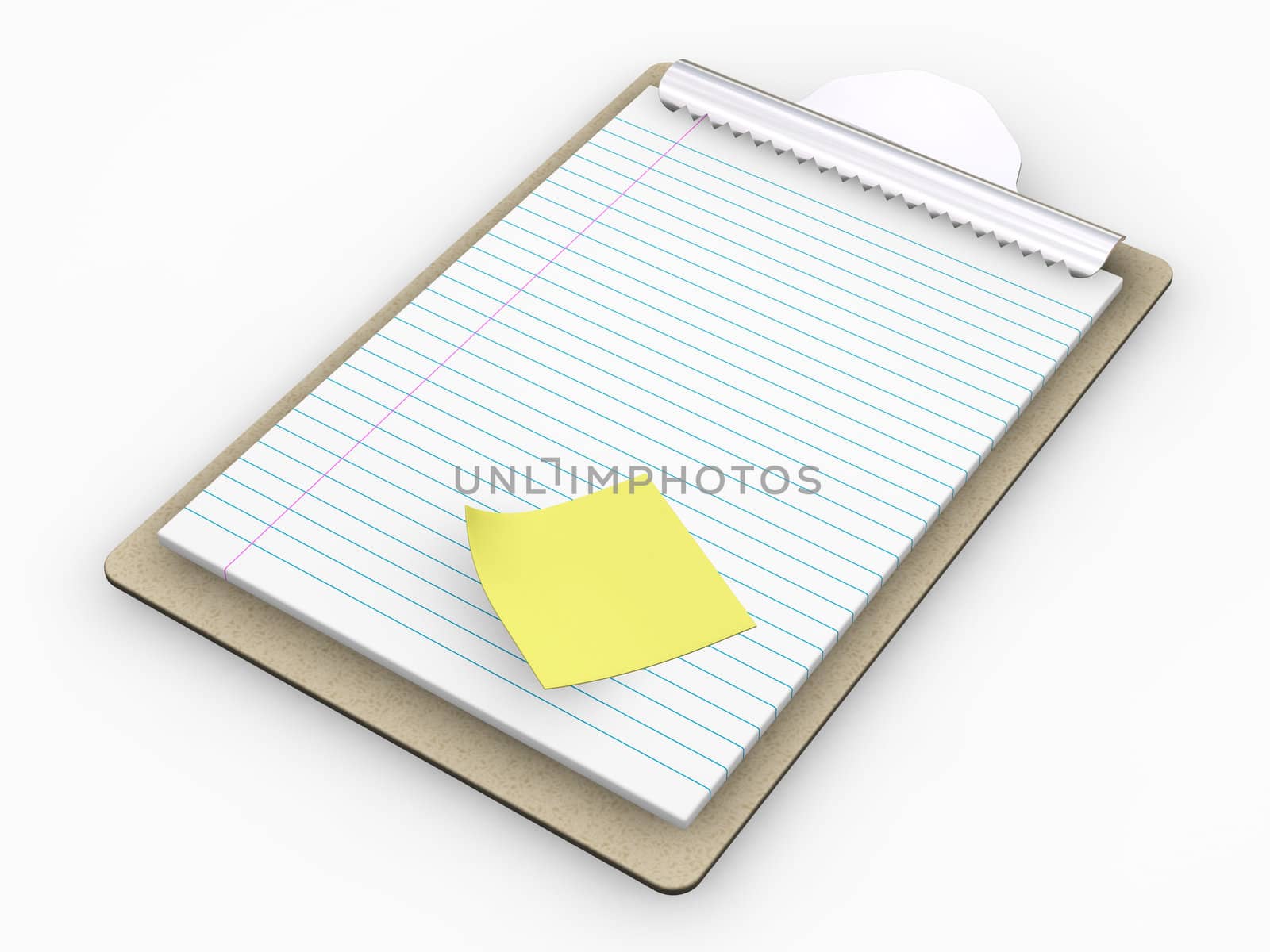 3D render of a clipboard with a post-it note