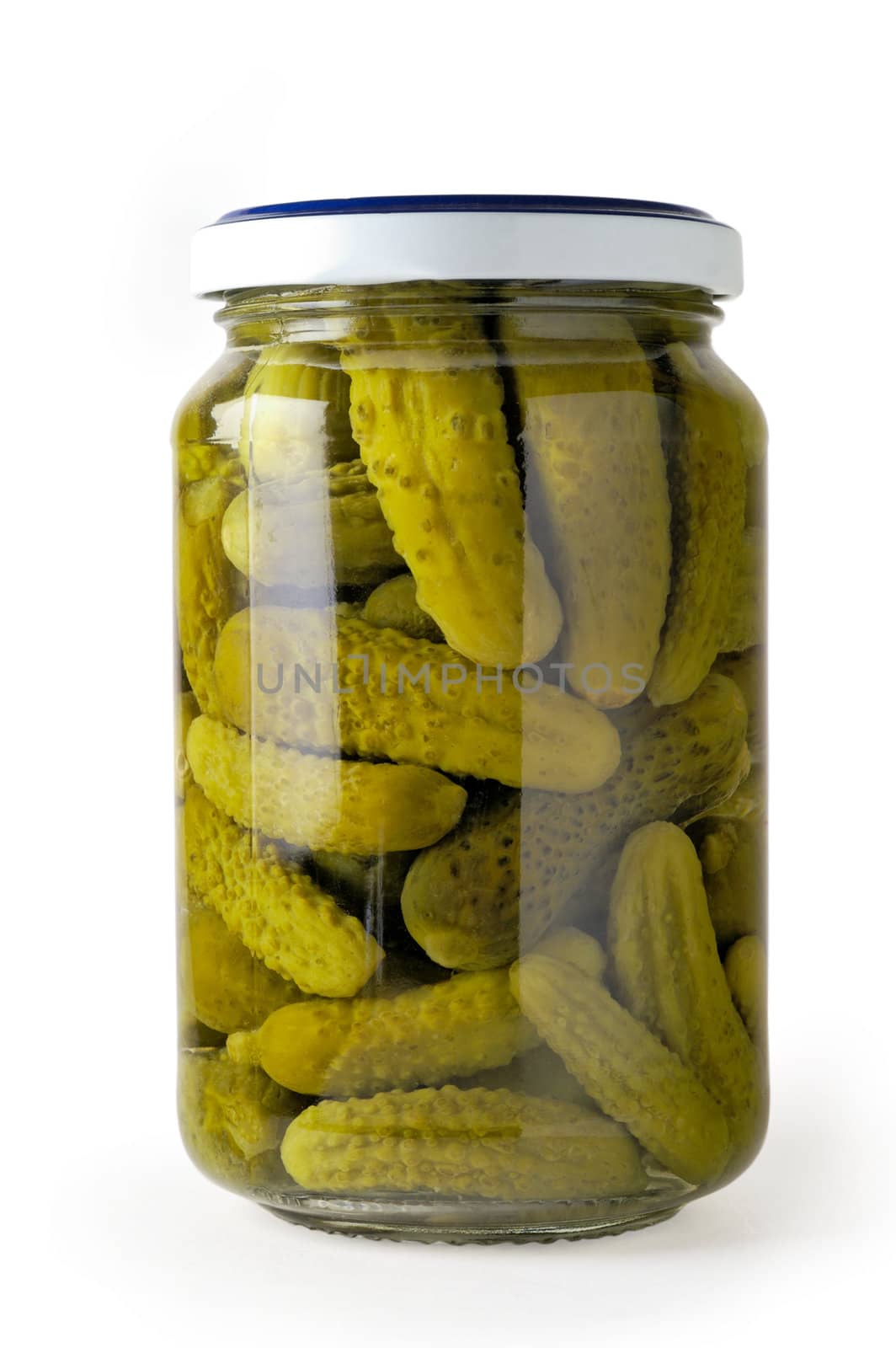 Glass jar of preserved cucumbers (vertical closeup) by Laborer