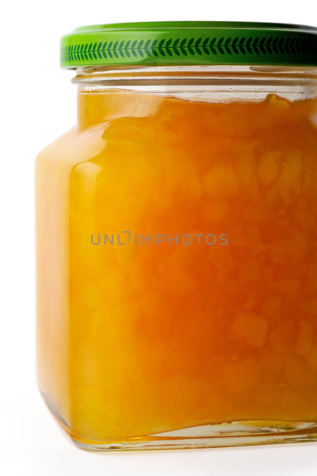 Peach jam on squared jar (1) with clipping path by Laborer
