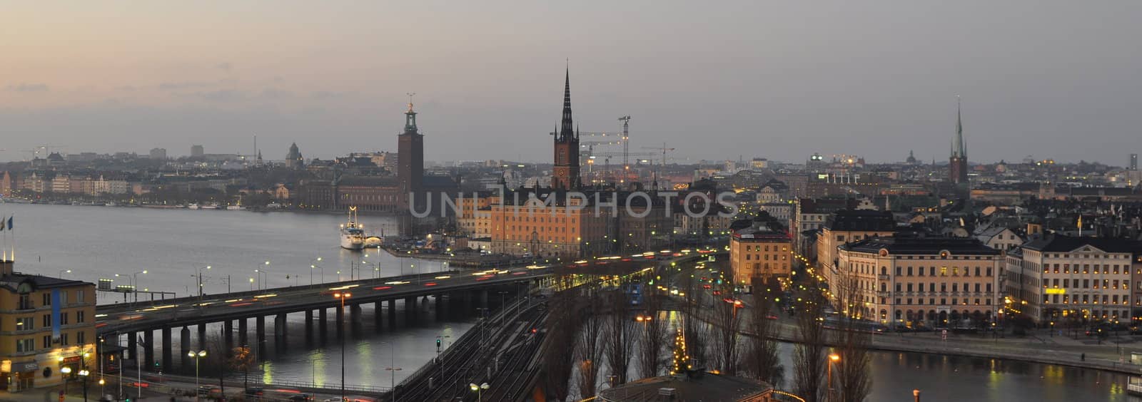 View over Stockholm from Katarinahissen during dusk.
