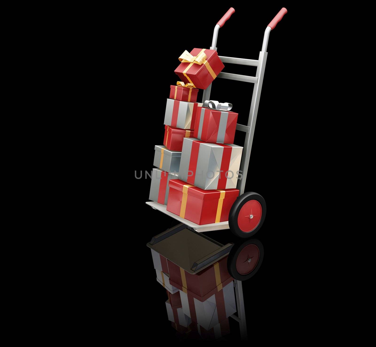 3D render of a hand truck full of Christmas presents