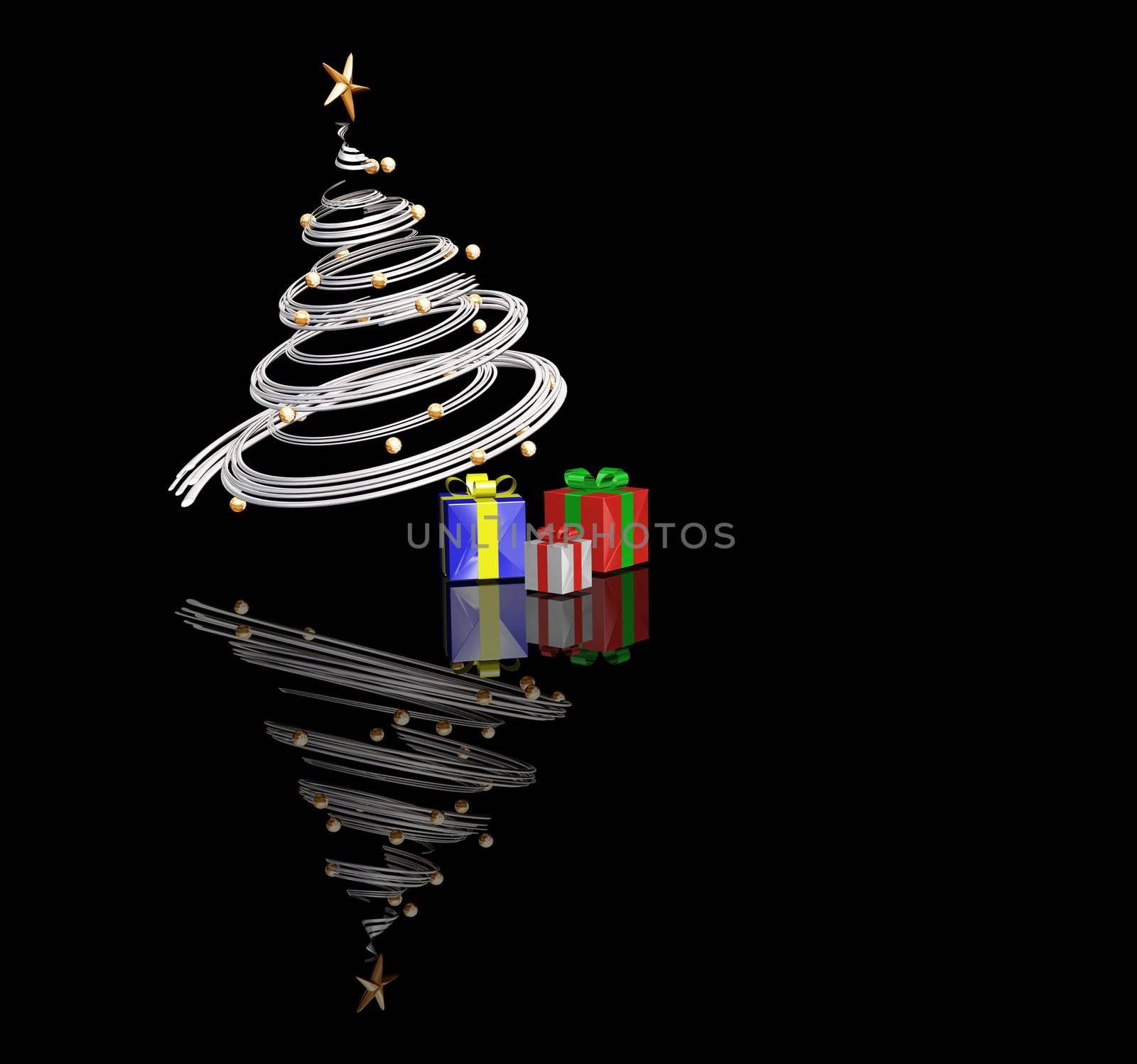 3D render of Christmas tree with gifts underneath it