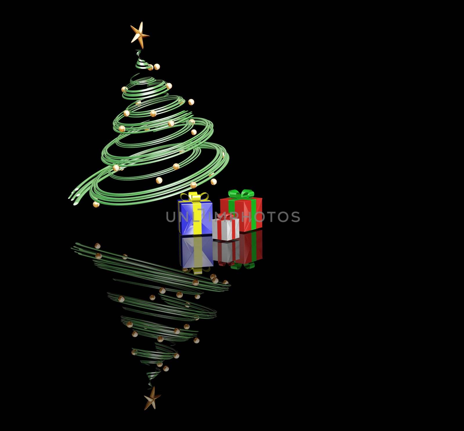 3D render of Christmas tree with gifts underneath it