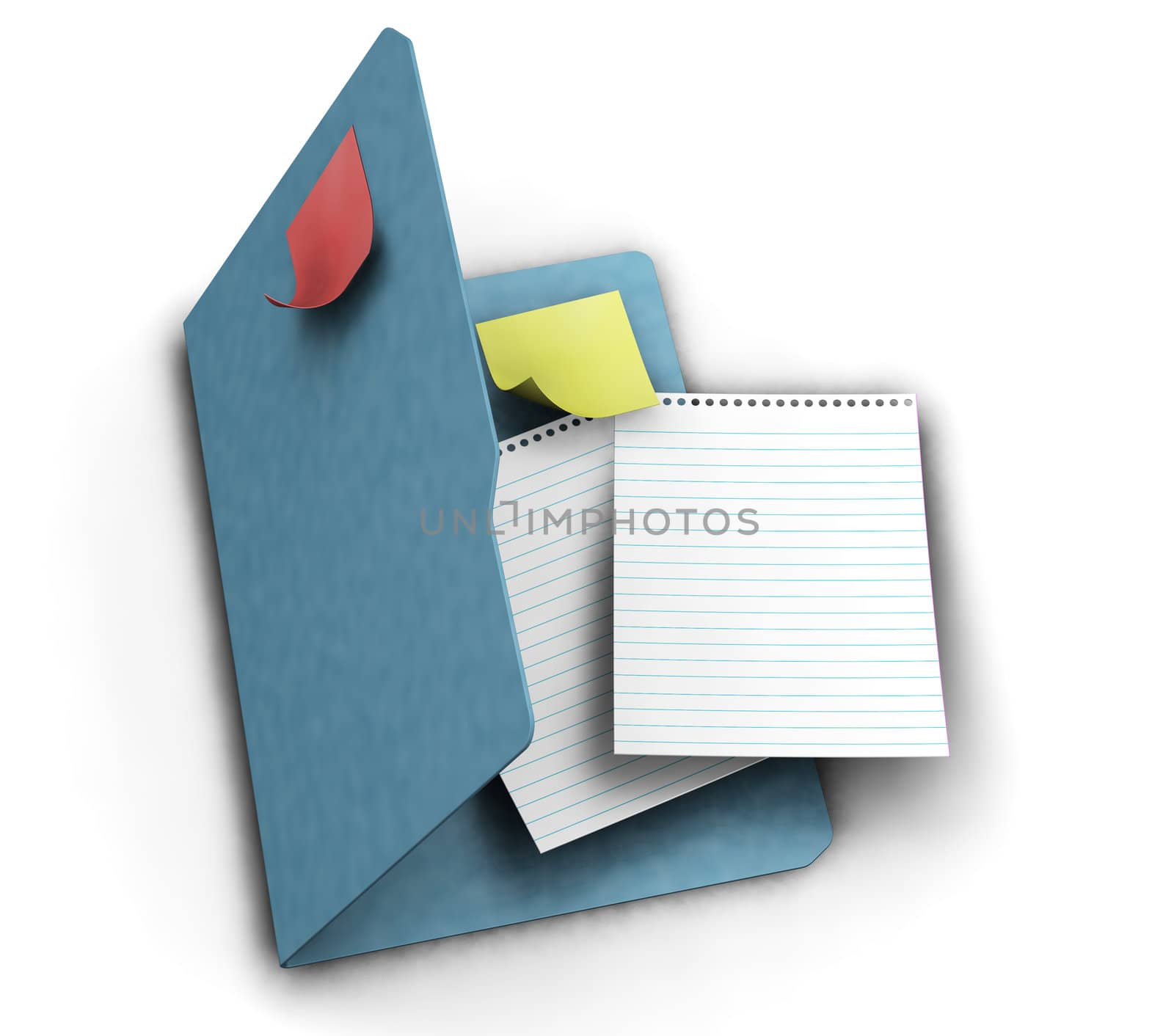 3D render of a folder, post-it notes and sheets of lined paper