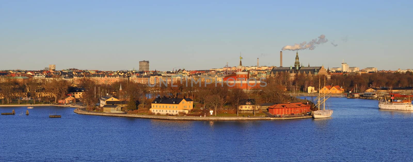 View over Stockholm with the small island of citadel in the foreground.