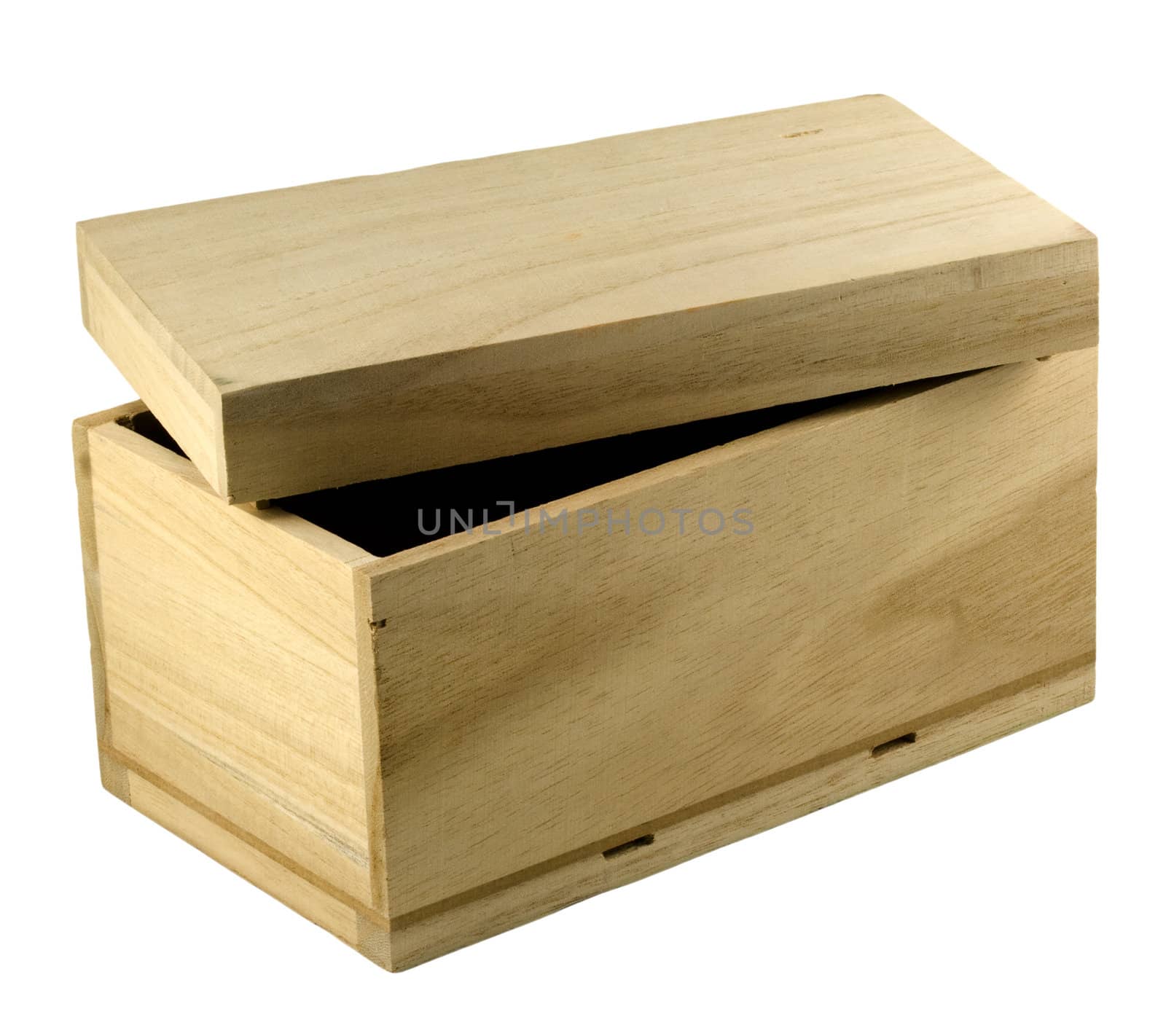 unfinished wood gift box with open lid isolated on white