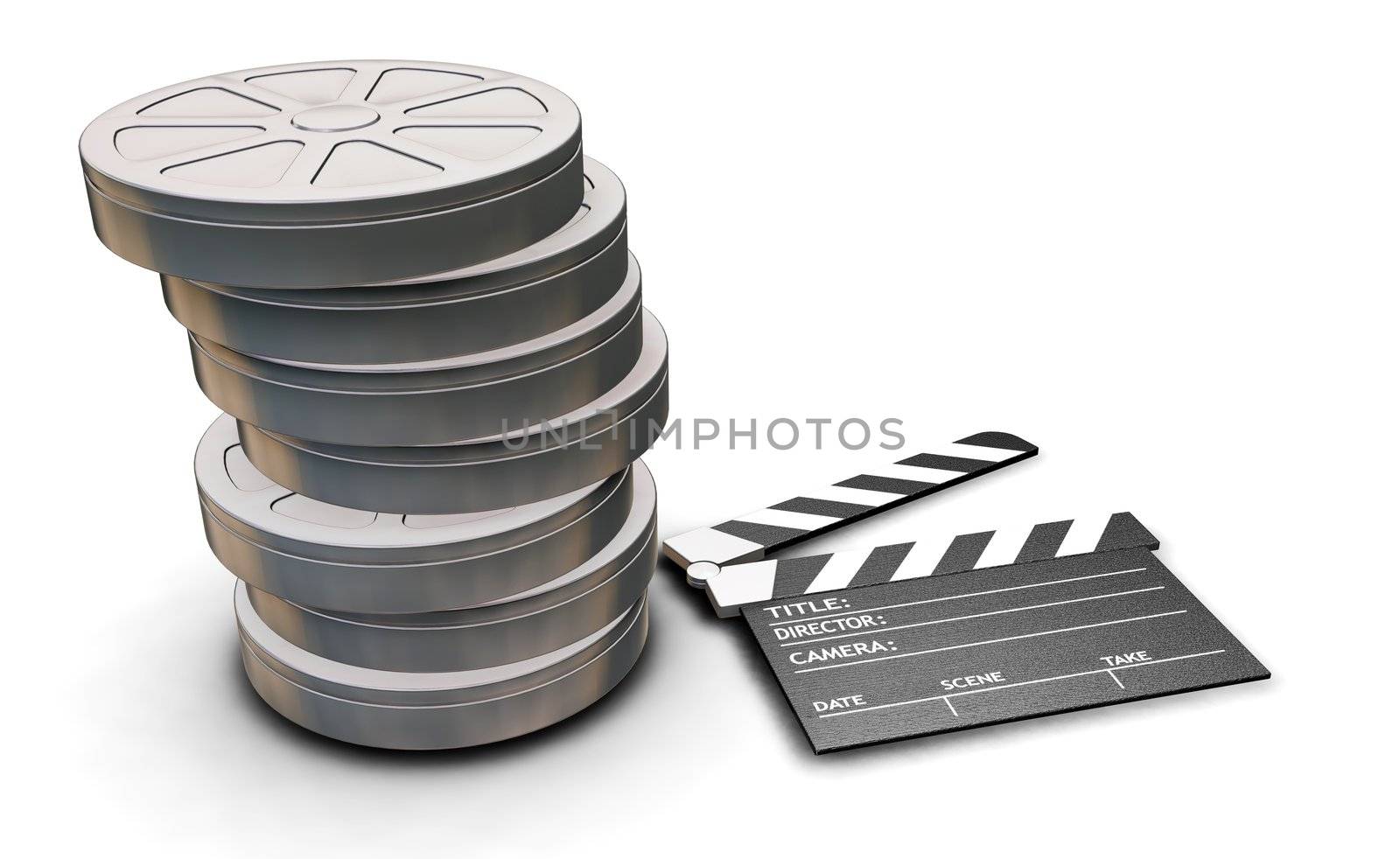 3D render of film reels and clapper board isolated on white background