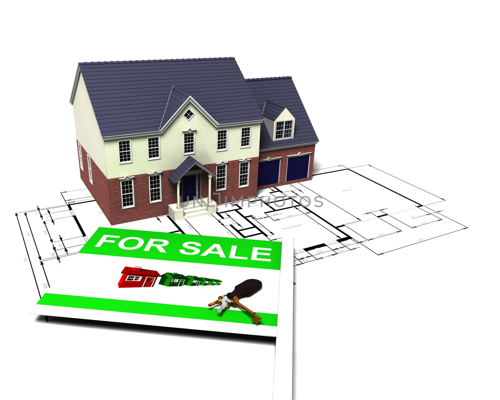 3D render of a house on blueprints with for sale sign