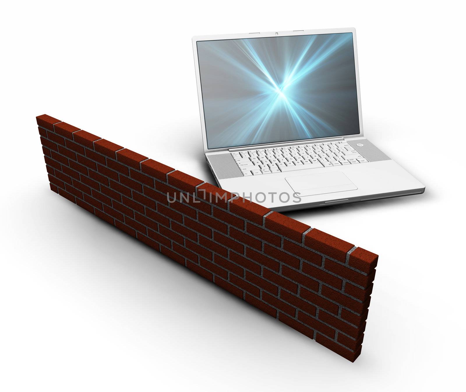 3D render of a computer behind a brick wall