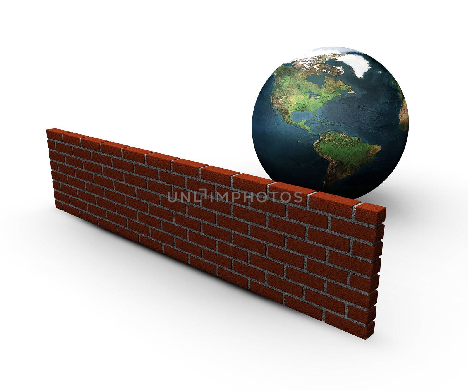 3D render of a globe behind a brick wall