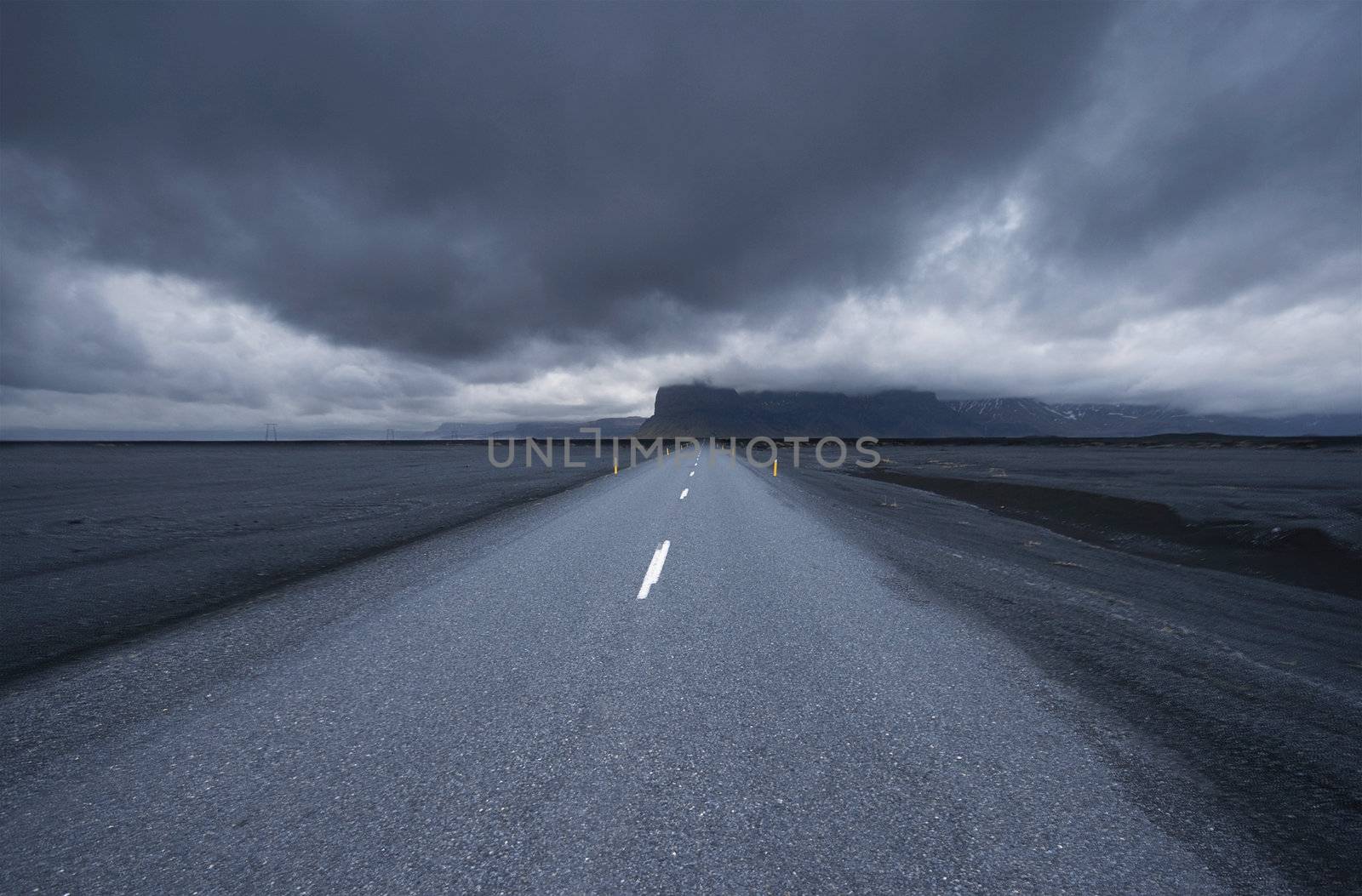 road in iceland, stormy, wide angle
