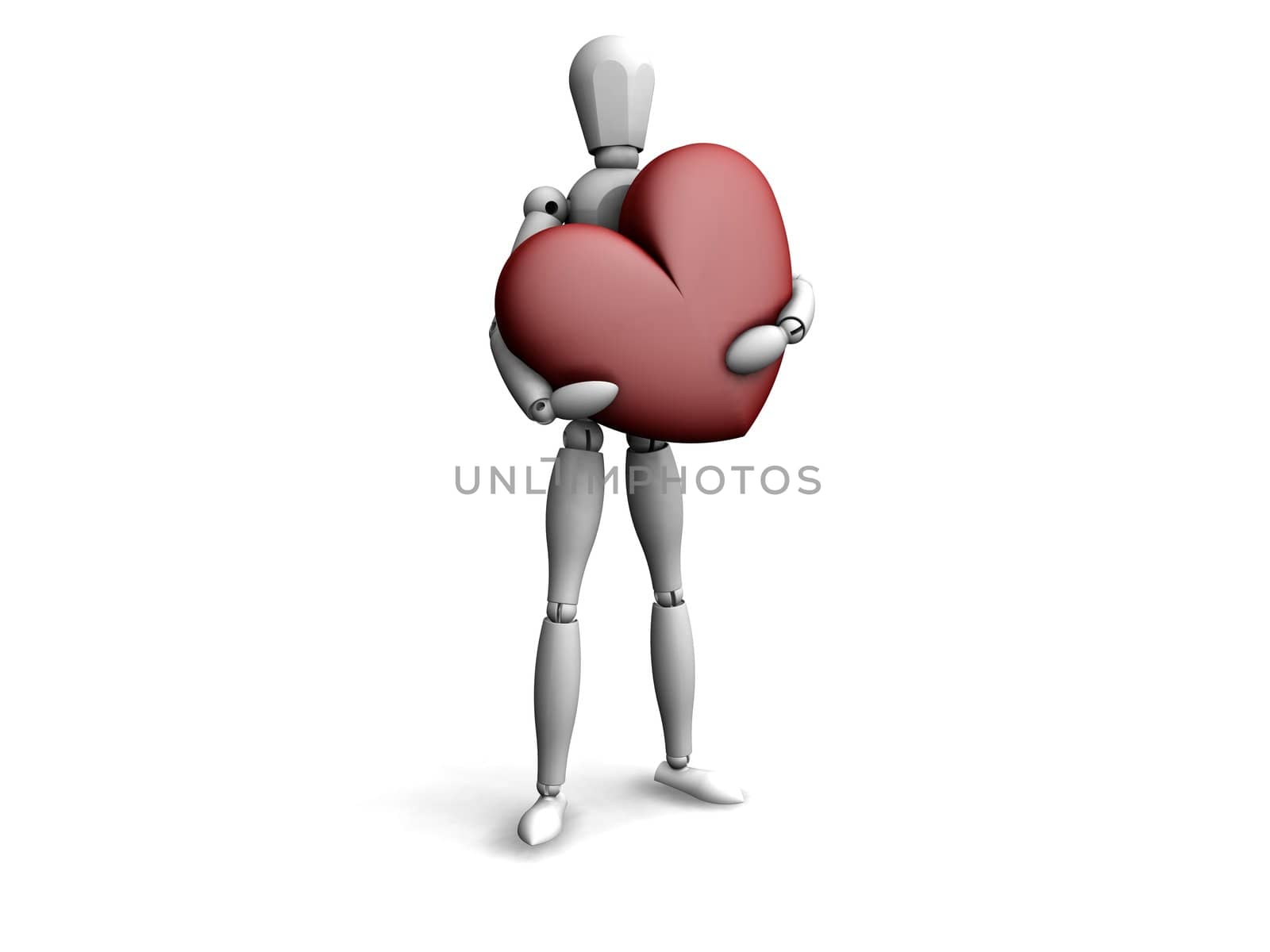 3d man holding a heart in white background