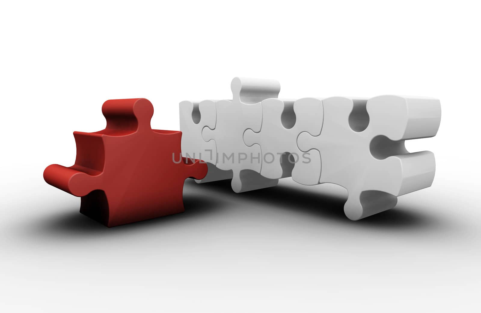 3D render of one red puzzle piece amongst white ones