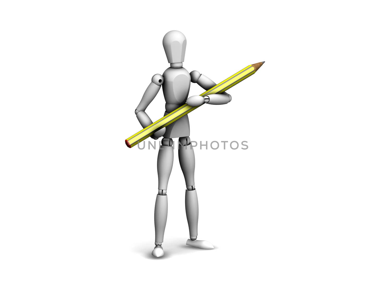 3d render of a man holding a pencil on white background