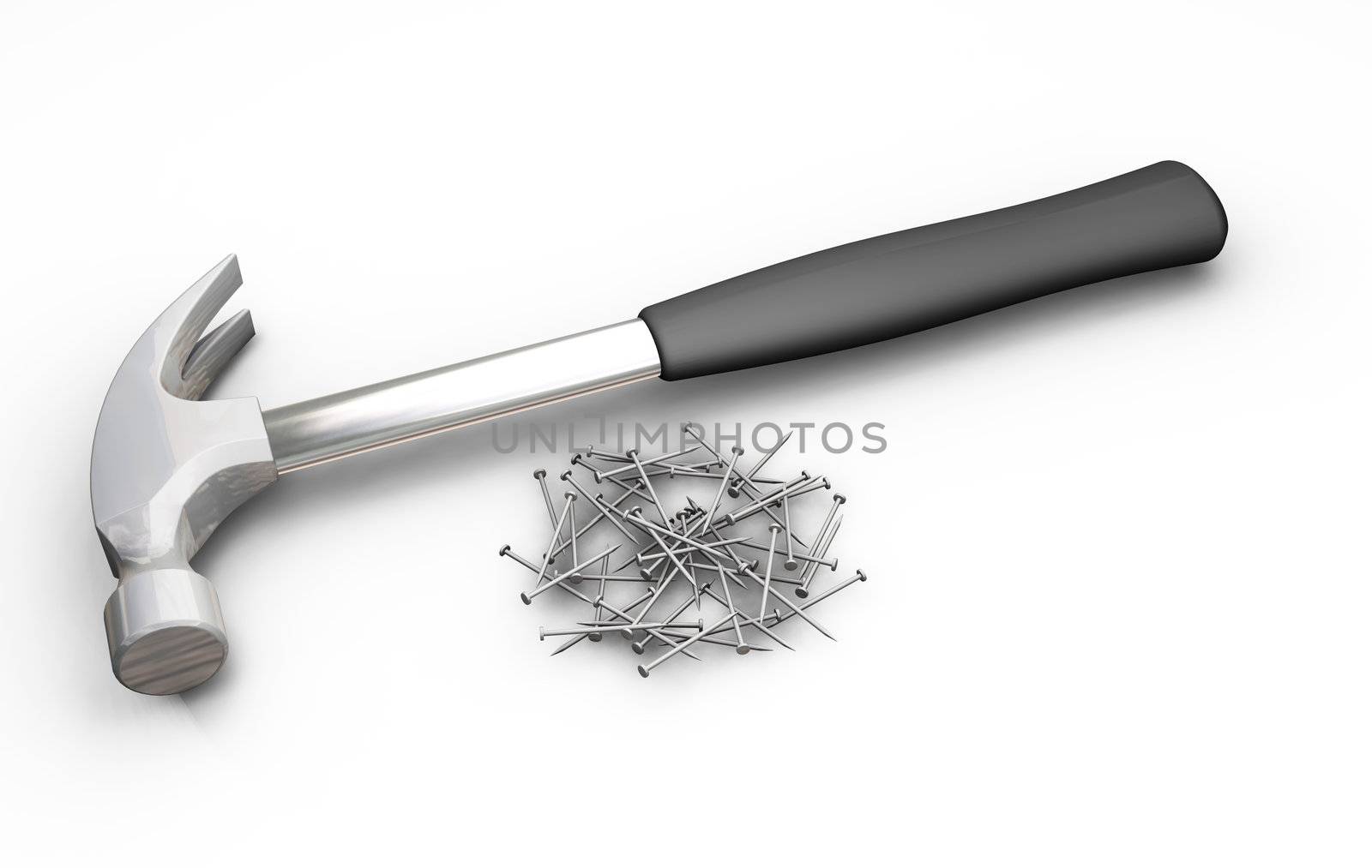 3D render of a hammer and nails