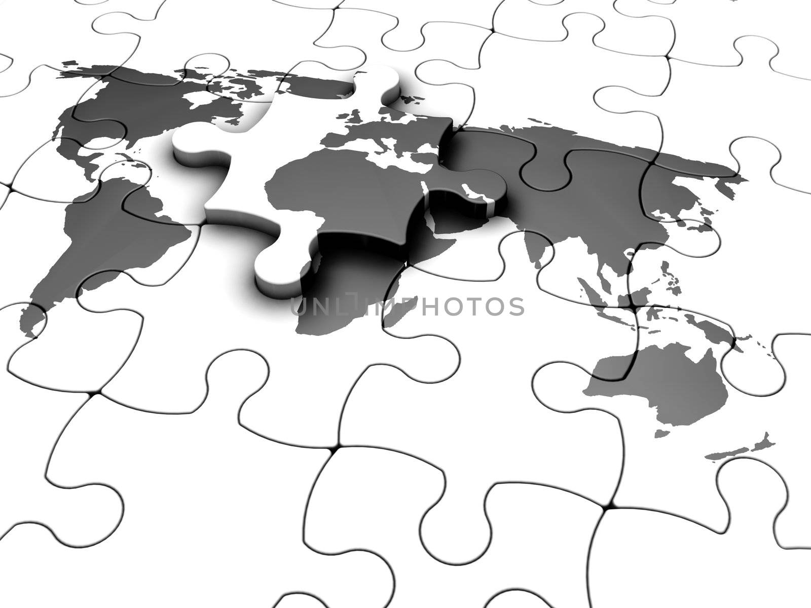 3D render of puzzle pieces with world map print