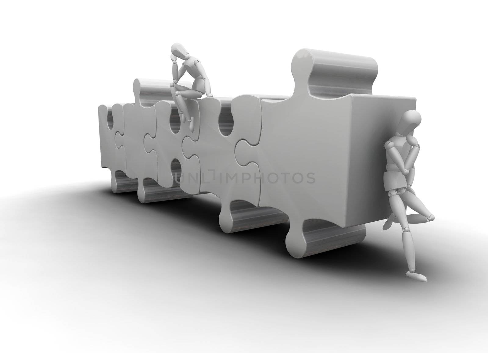 3D render of men on puzzle pieces thinking
