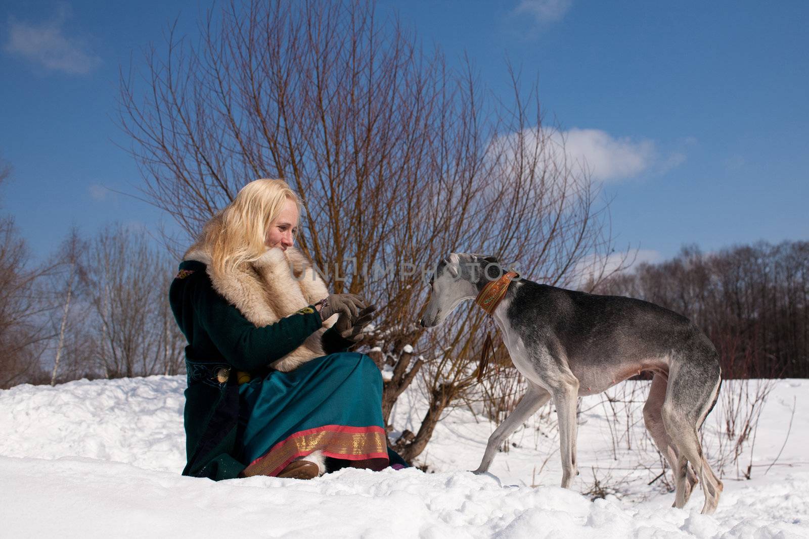 A blonde girl and a standing grey saluki on snow
