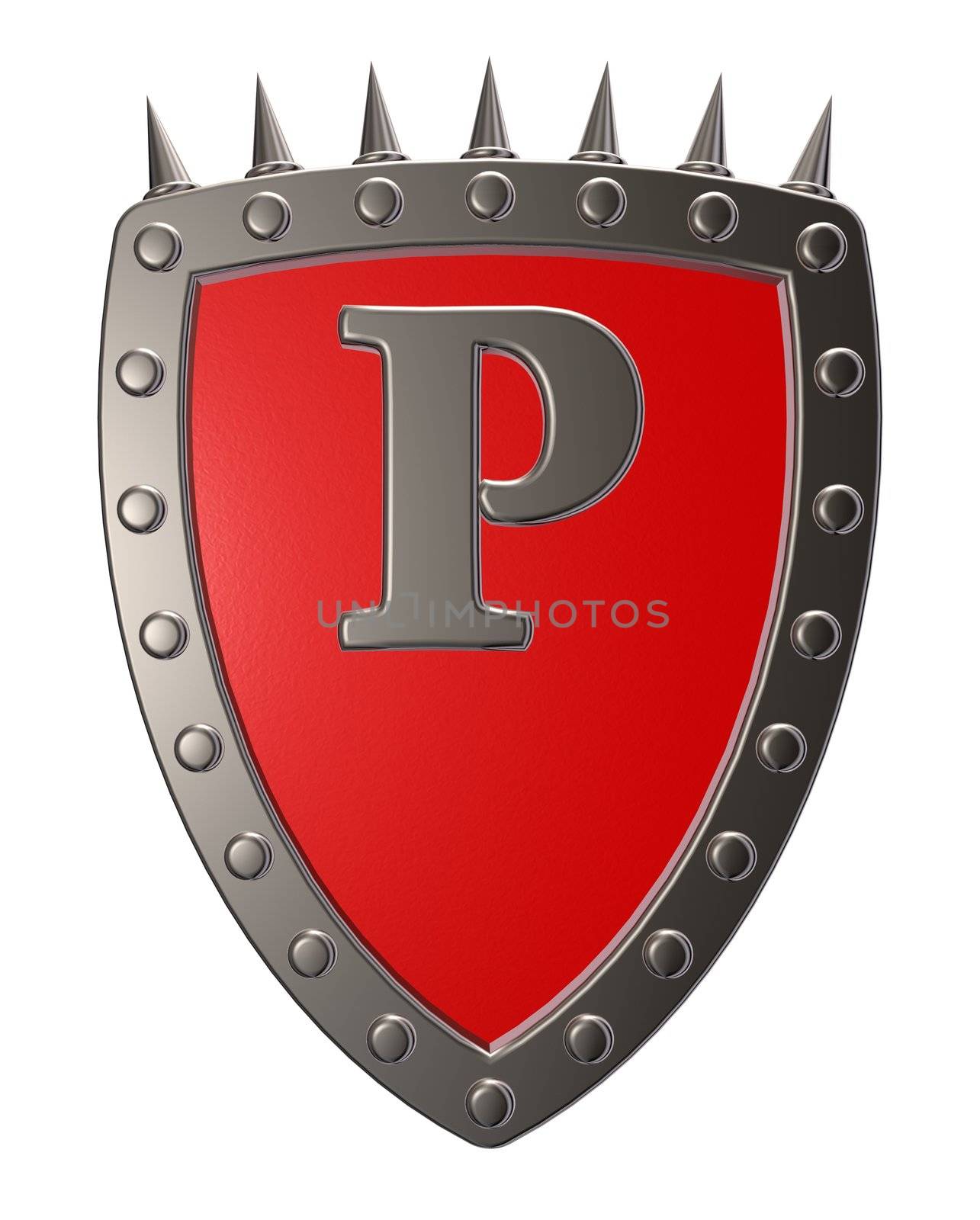 metal shield with letter p on white background - 3d illustration