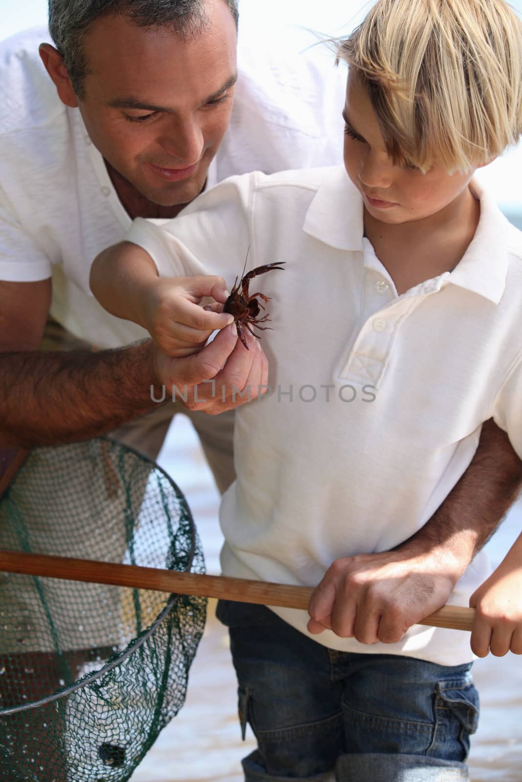 Father and son with a crab on a beach by phovoir
