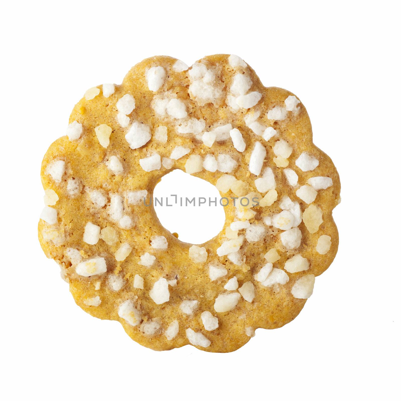 Round cookie with hole and bits of sugar, isolated on white background
